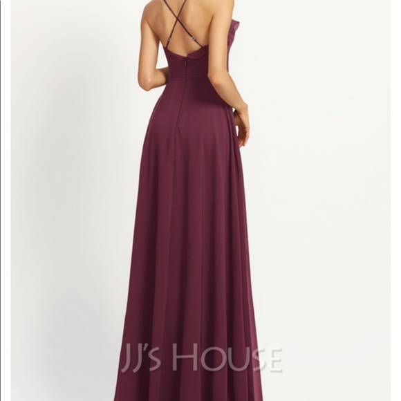 JJ’s House A-Line Floor Length Bridesmaid Dress With Split Front in Cabernet - Picture 2 of 7